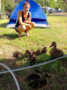 Hannah converses with South Beach Garden denizens.